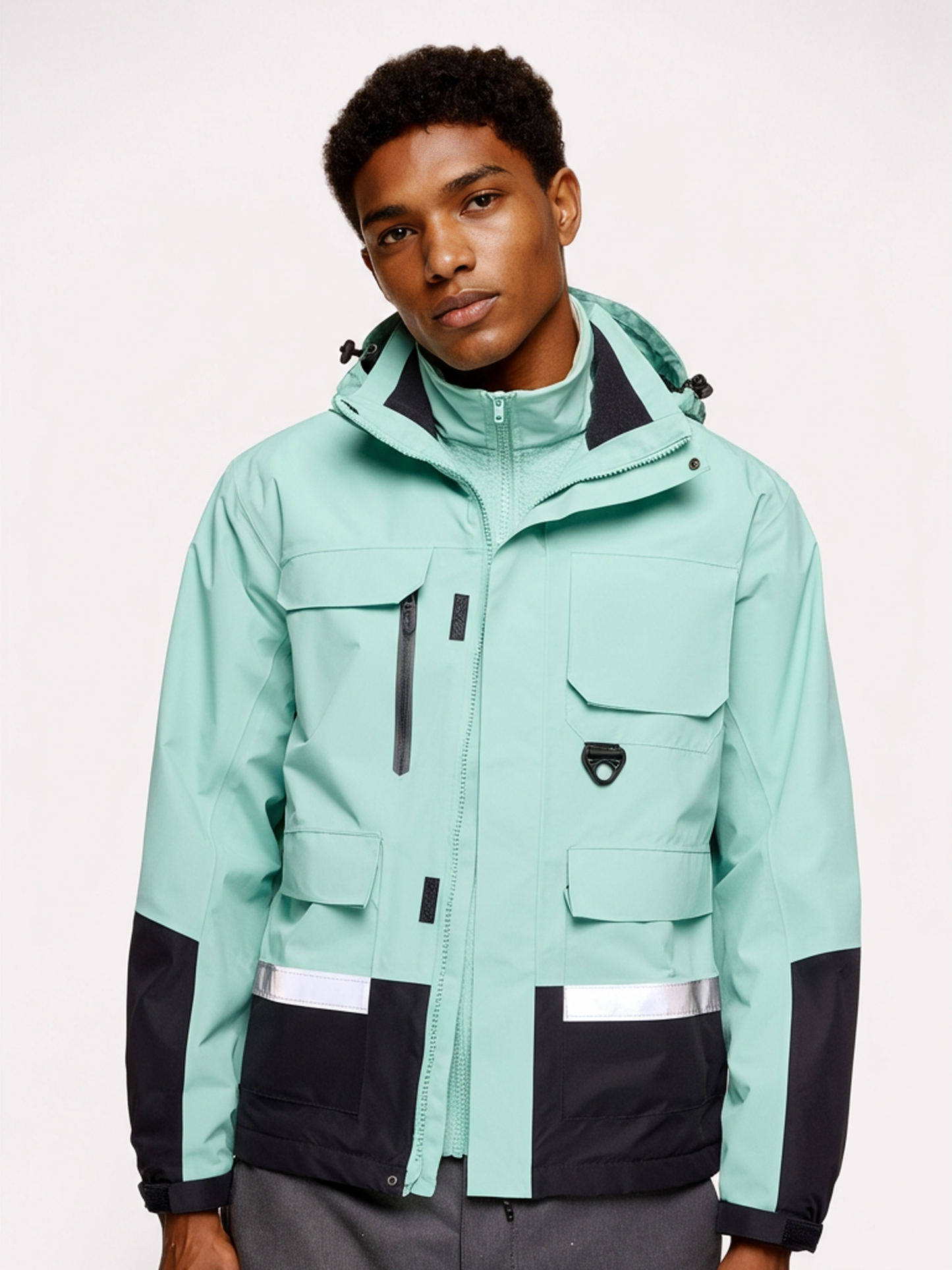 Person wearing a light blue jacket with black accents