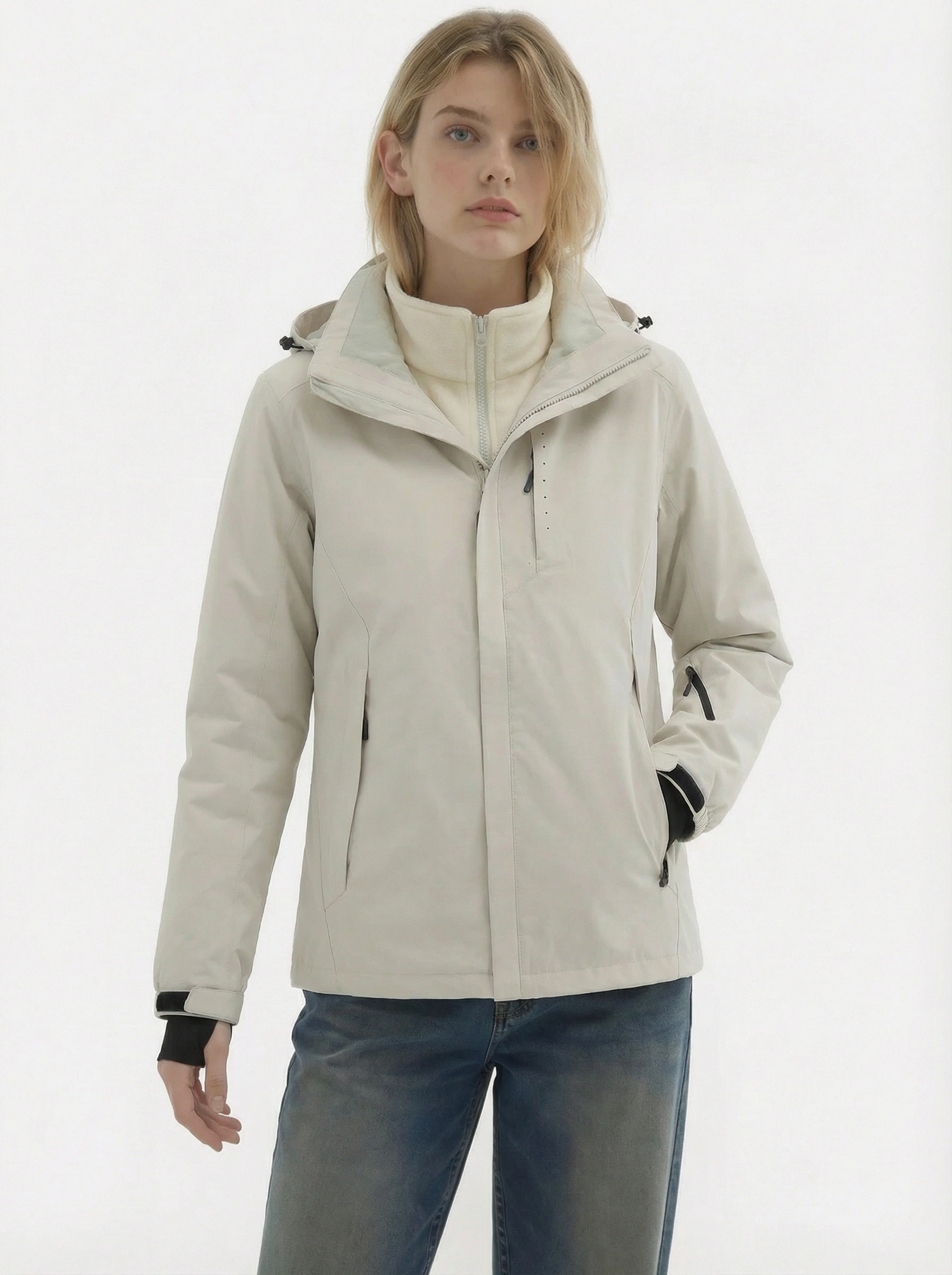 Woman wearing a beige jacket 