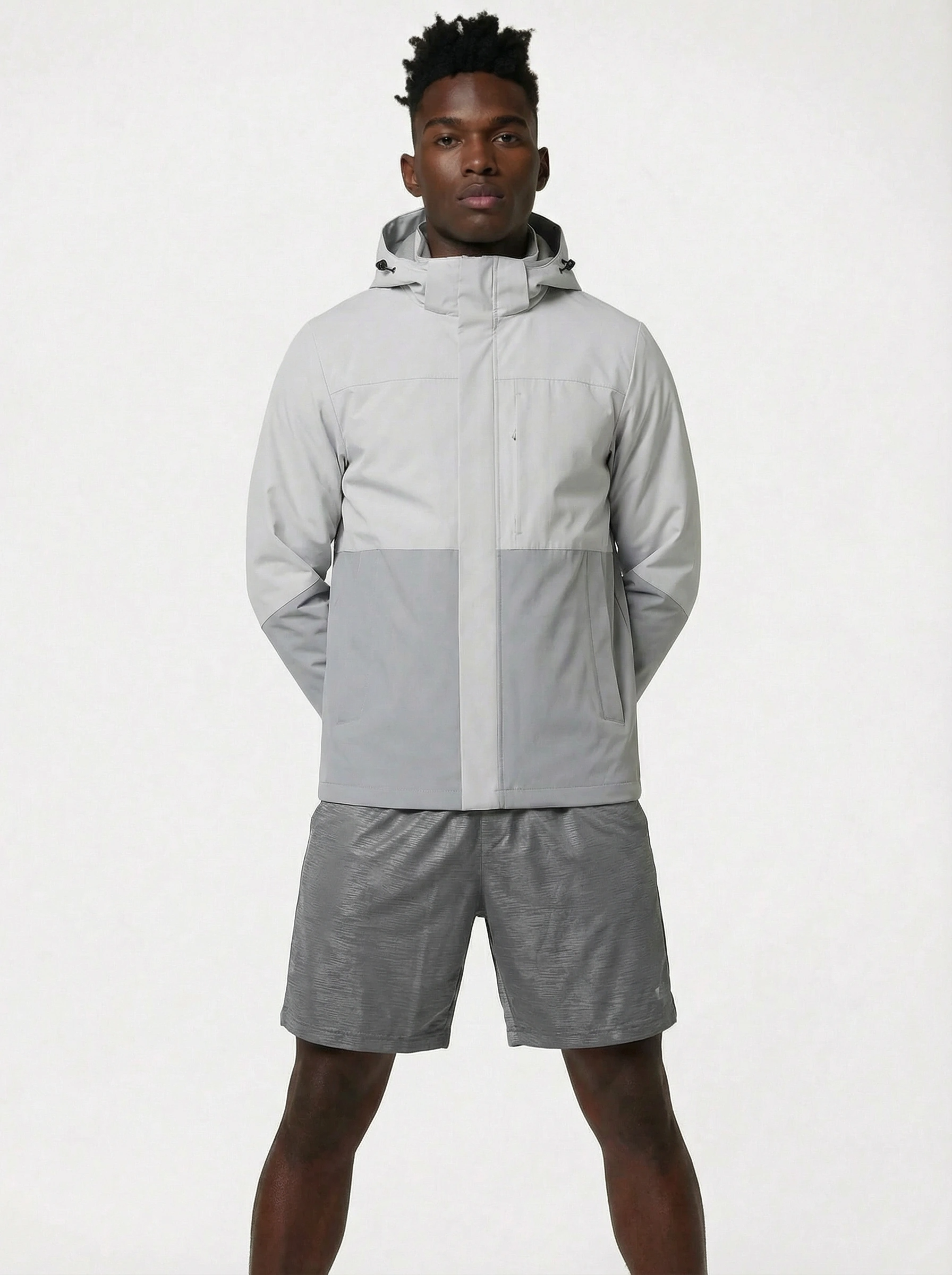 Person wearing a gray jacket and shorts 