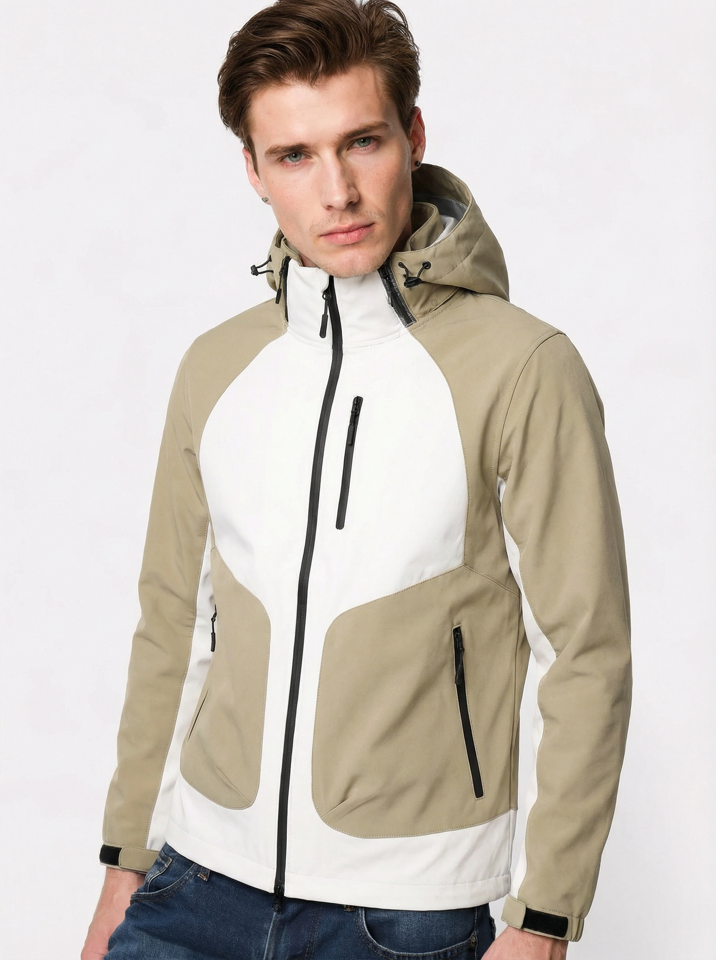 Man wearing a beige and white jacket 