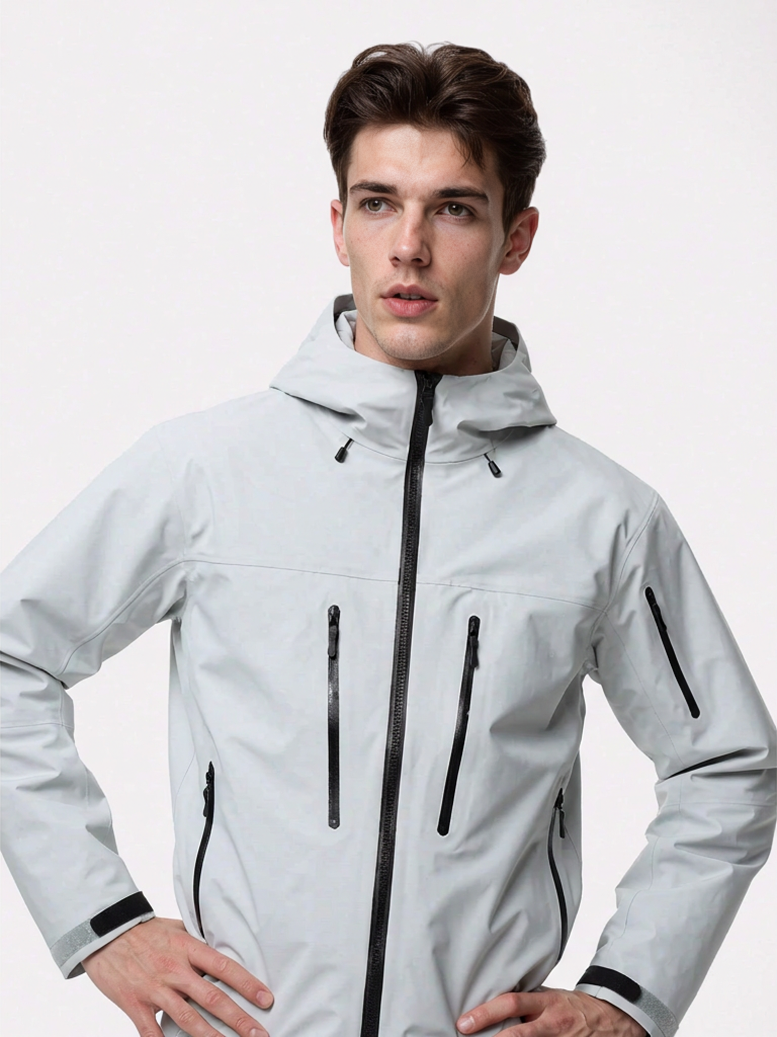 Man wearing a light gray jacket with black zippers