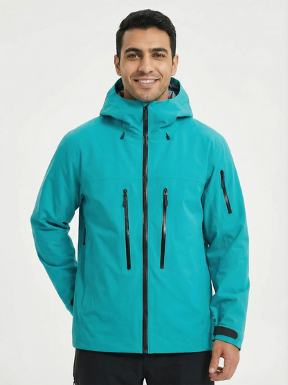 Man wearing a teal jacket with a hood 