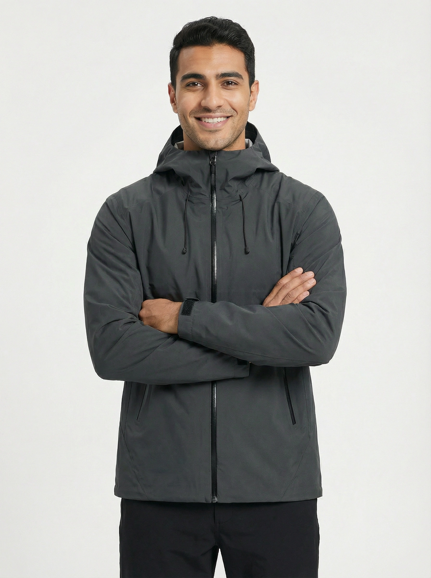 Man wearing a gray hooded jacket