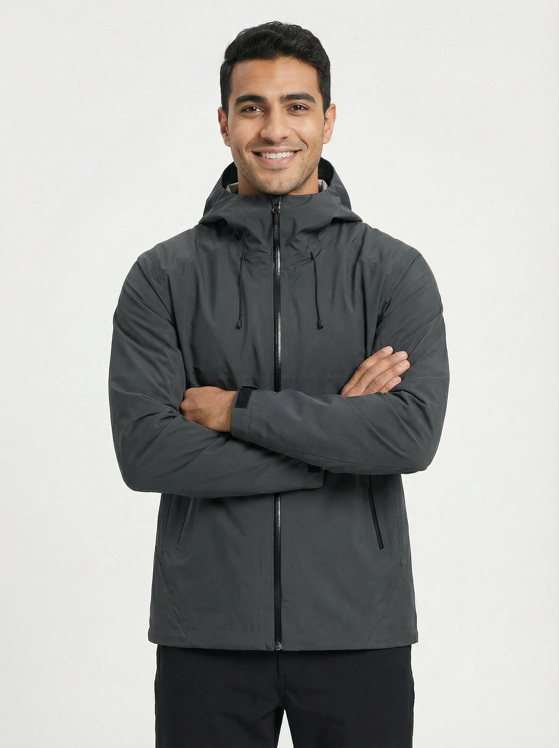 Man wearing a gray hooded jacket