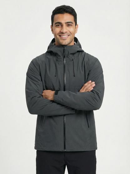 Man wearing a gray hooded jacket