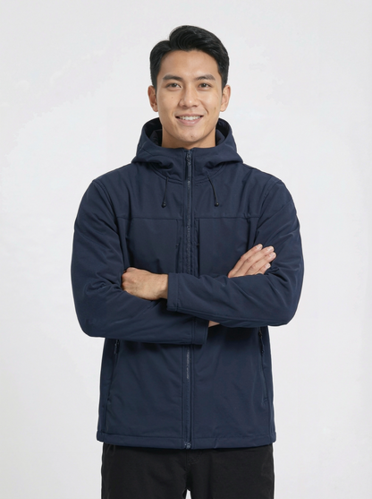 Man wearing a navy blue jacket with a hood