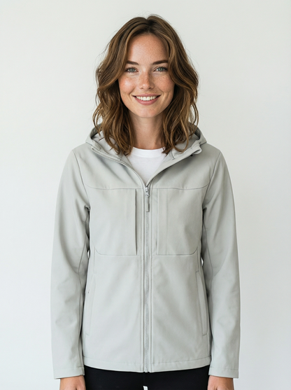 Woman wearing a light gray jacket