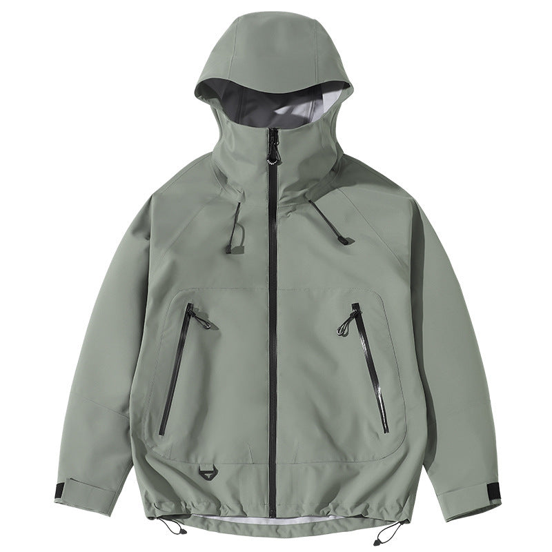 Gray raincoat with black zippers