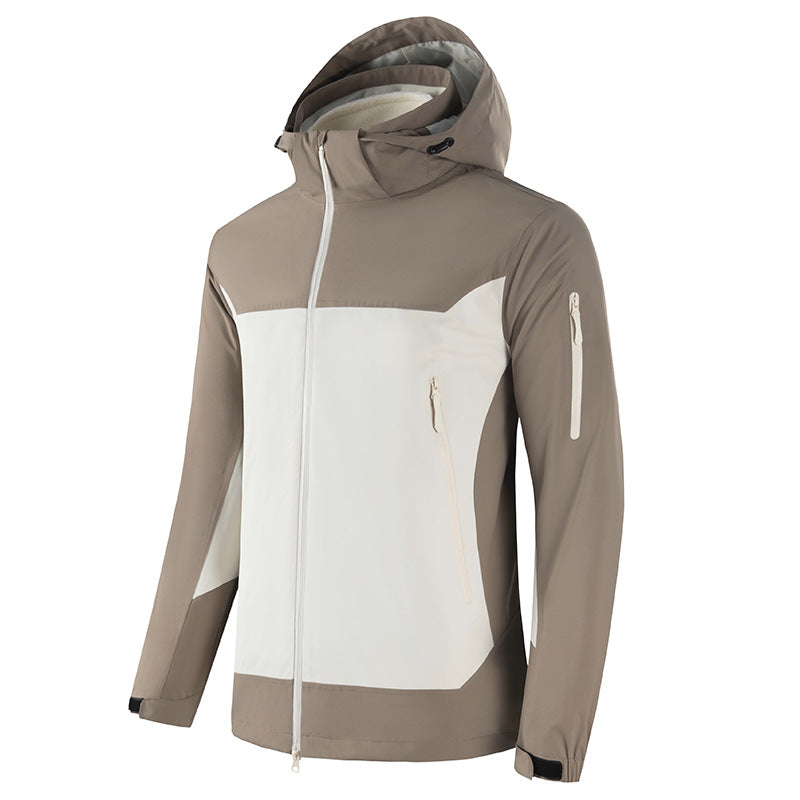 Two-tone brown and white jacket with a hood 