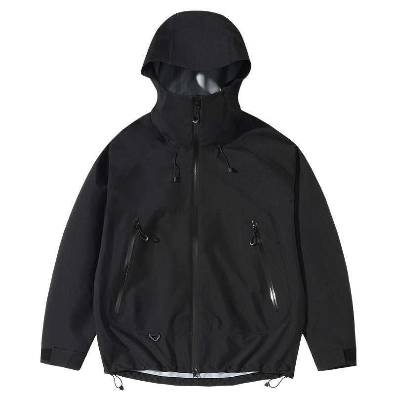 Black hooded jacket on a white background