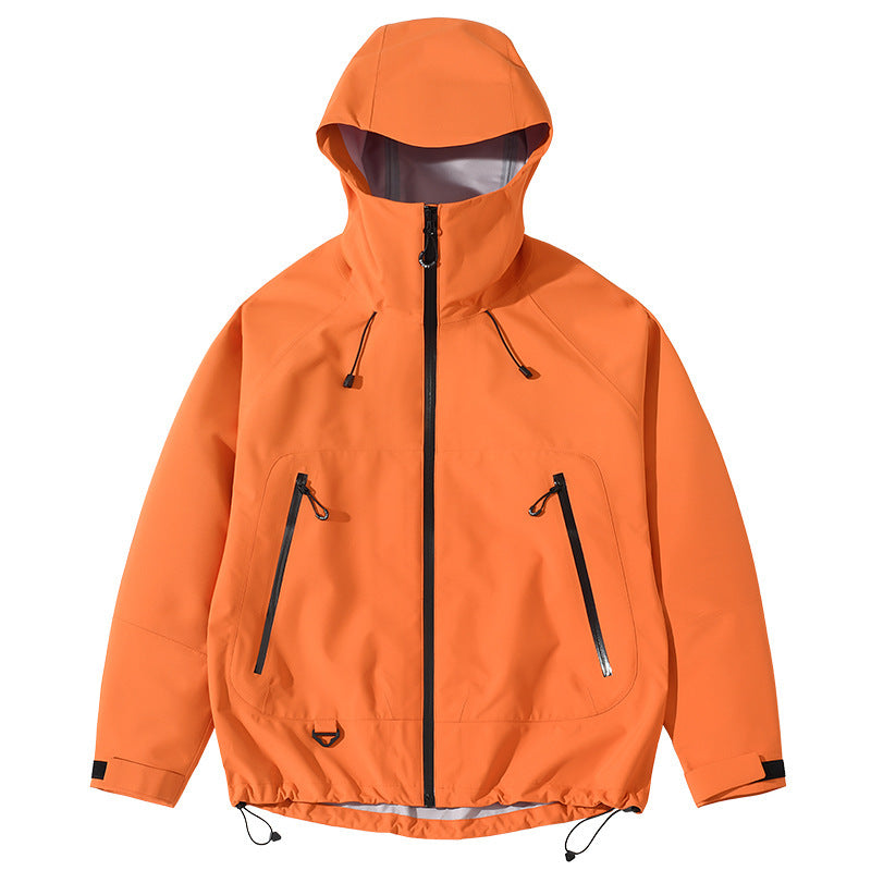 Orange raincoat with black zippers