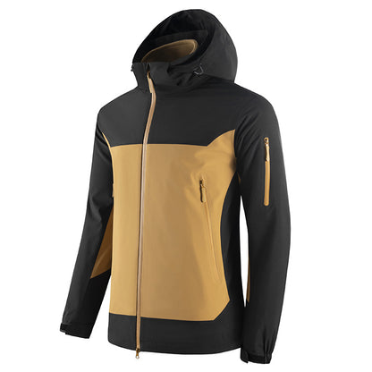 Two-tone black and beige jacket with a hood