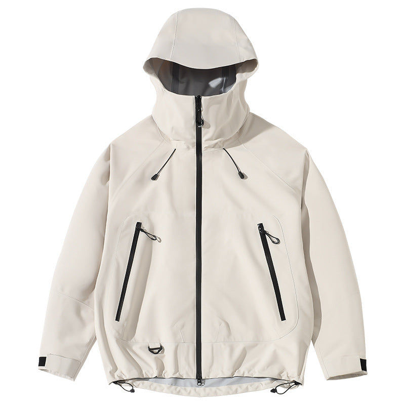 Beige hooded jacket with black zippers