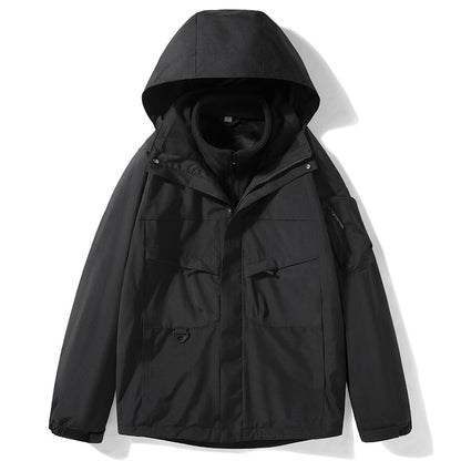 Black hooded jacket on a white background
