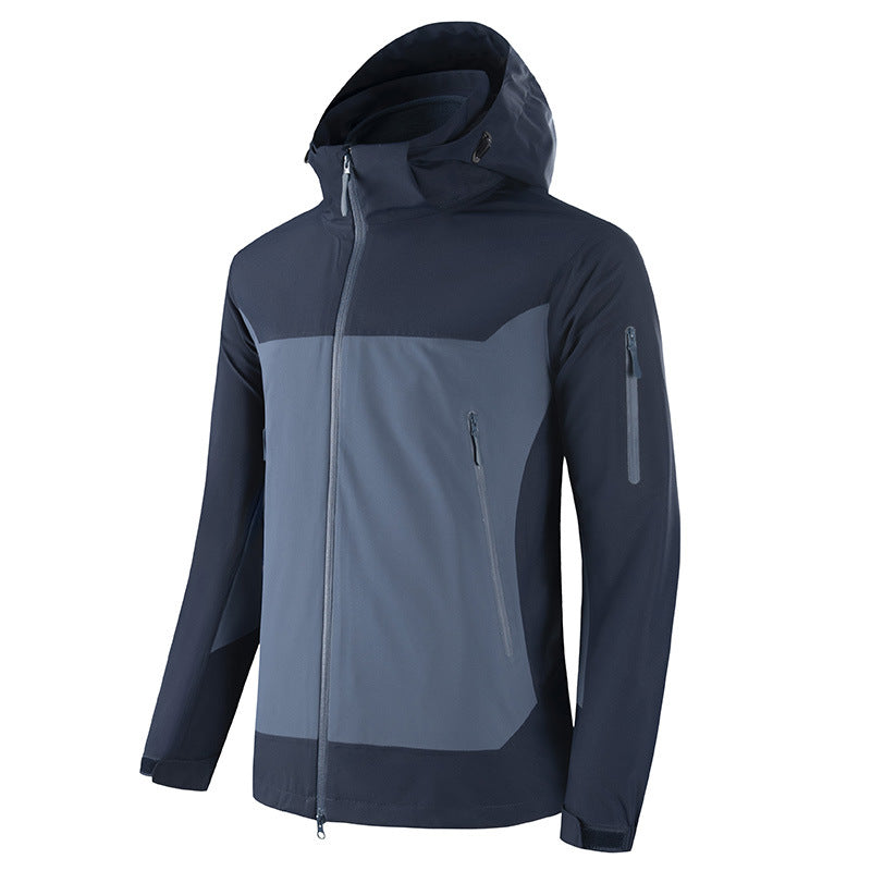 Two-tone gray and navy jacket with a hood 