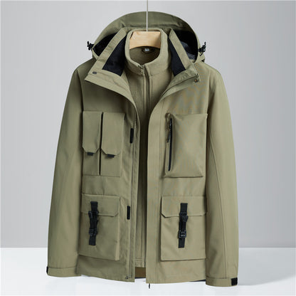 Green jacket with multiple pockets and zippers