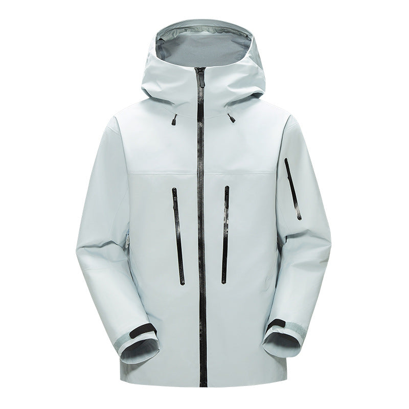 Light gray hooded jacket with black zippers