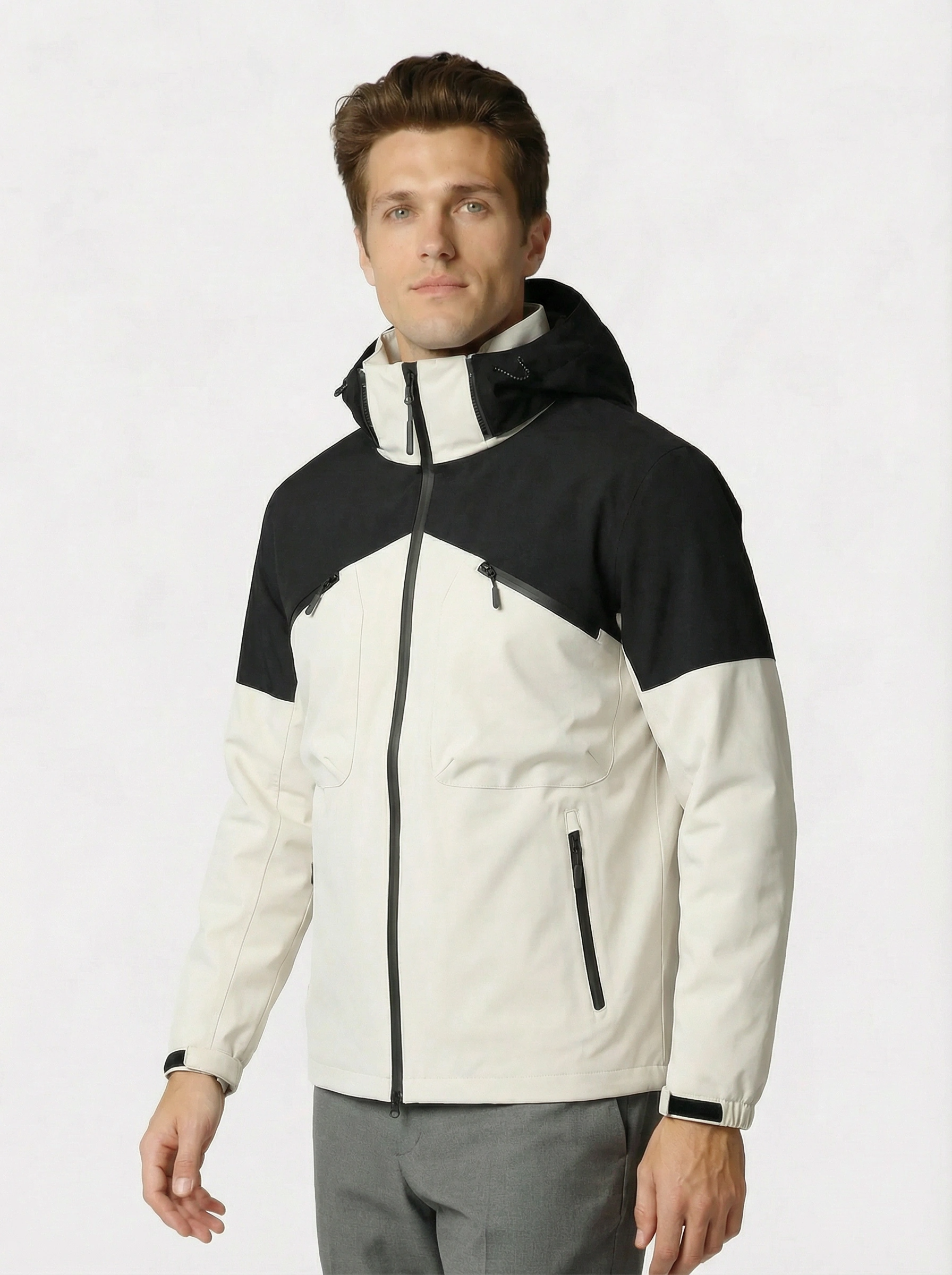 Man wearing a black and white jacket 