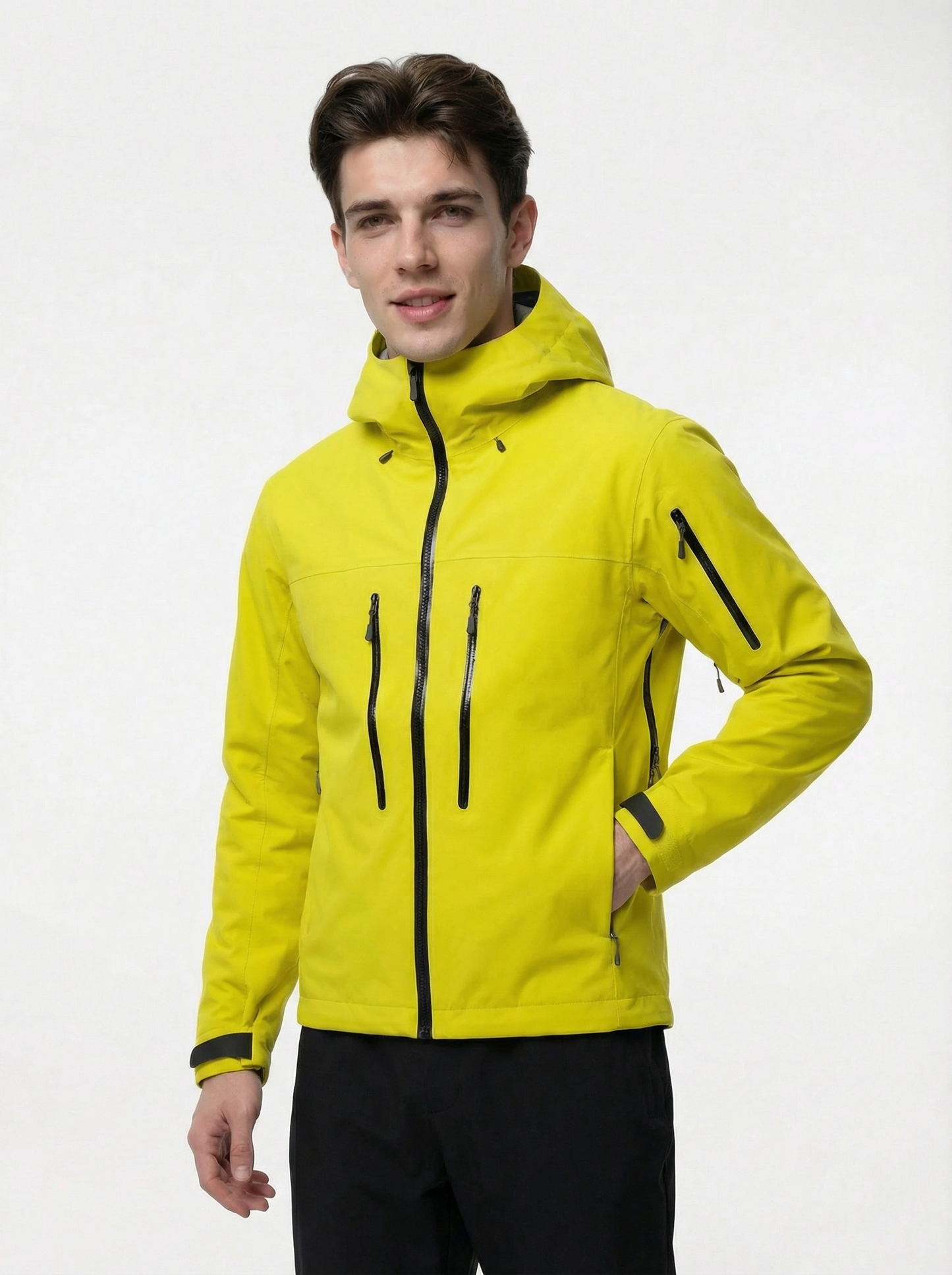 Man wearing a bright yellow jacket with black accents
