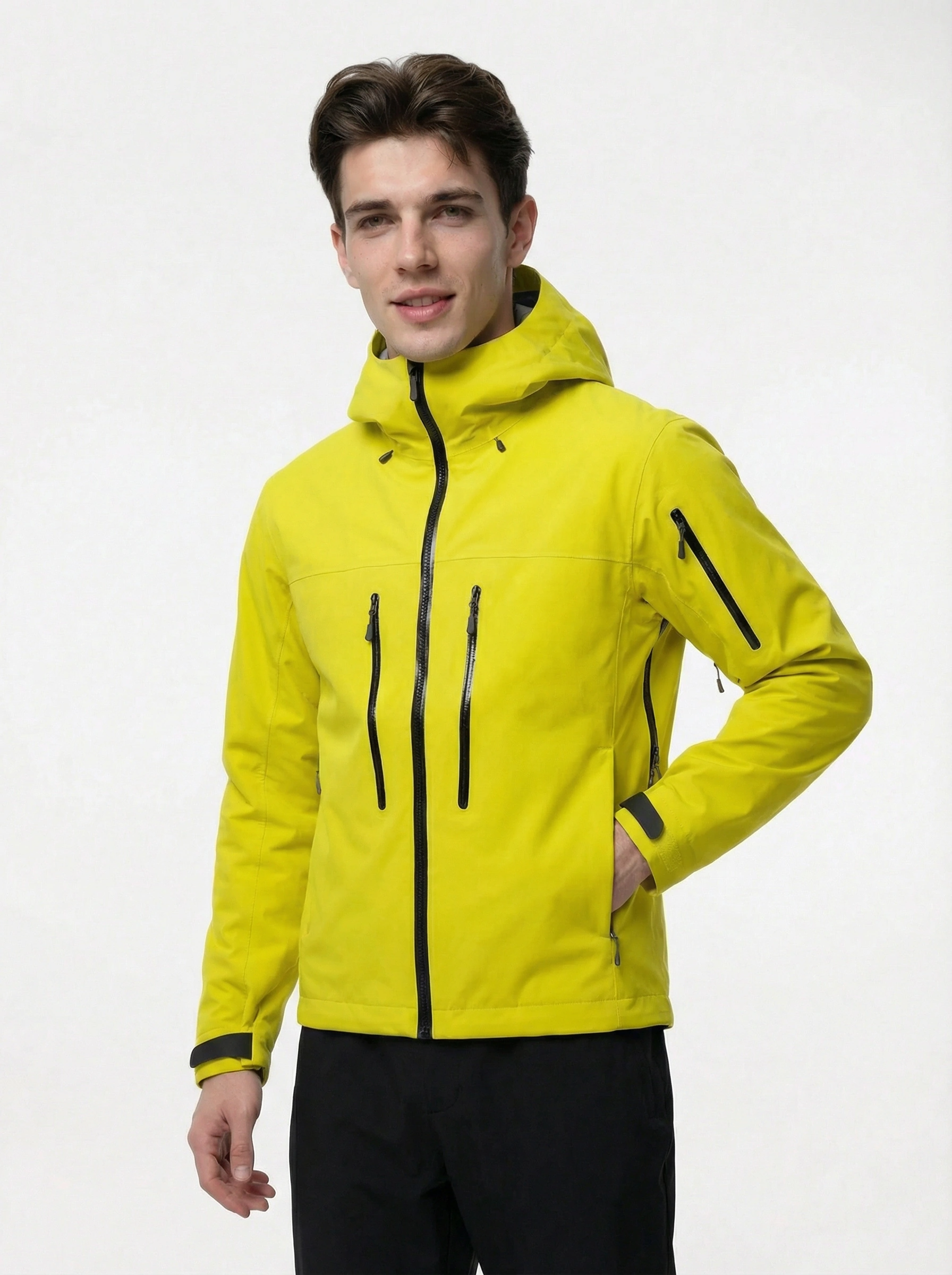 Man wearing a bright yellow jacket with black accents