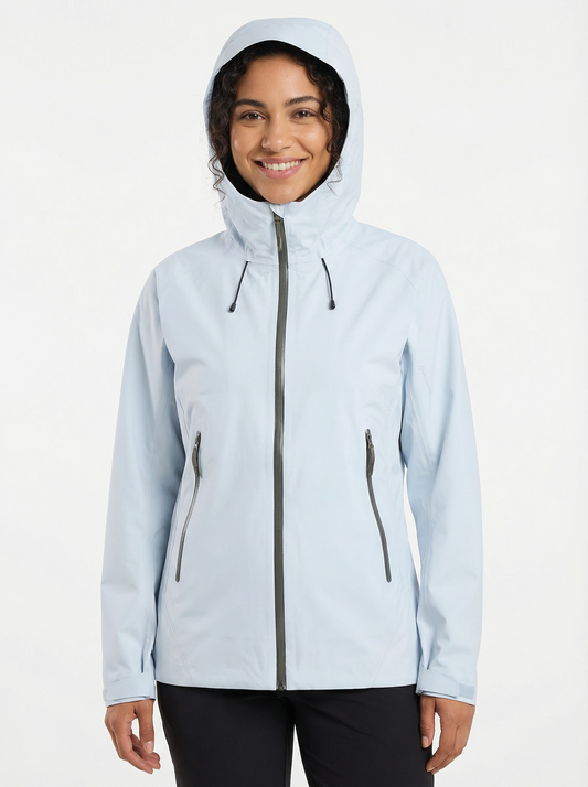 Woman wearing a light blue jacket with a hood